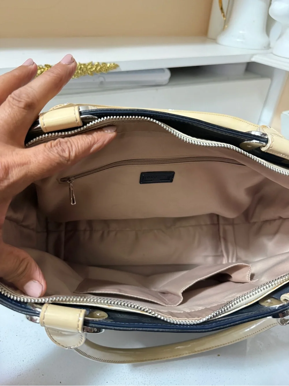 L.K Baanet Italian Patent Navy and Cream Tote Handbag